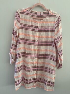 St. Tropez Striped Linen Top in Pink, Peach & Cream